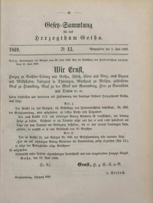 13. Gesetz, Aenderungen des Gesetzes vom 26. Juni 1862 über die Bestellung von Friedensrichtern betreffend. Vom 19. Juni 1869