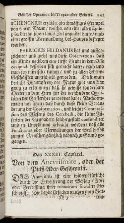 Das XXXIII. Capittel. Von dem Anevrismate, oder der Pulß-Ader-Geschwulst.