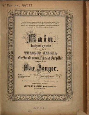 Kain : nach Byron's Mysterium ; frei bearb. von Theodor Heigel ; für Solostimmen, Chor u. Orch. ; [1866/67]