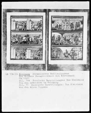Das Goldene Evangelienbuch von Echternach — Bildseite mit dem Gleichnis von den Arbeitern im Weinberg, Folio 76verso
