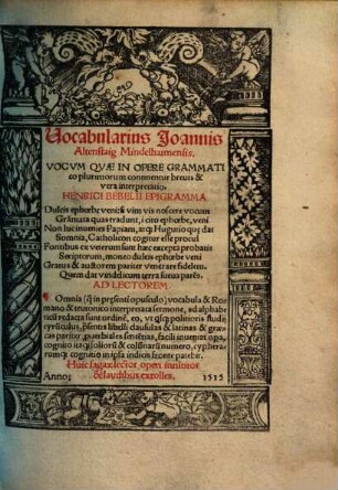 Vocabularius : vocum quae in opere grammatico plurimorum continentur, brevis & vera interpretatio