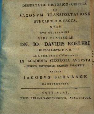 Dissertatio Historico-Critica De Saxonum Transportatione Sub Carolo M. Facta