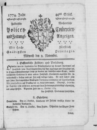 44tes Stück., Ausgabe vom 2. November 1774
