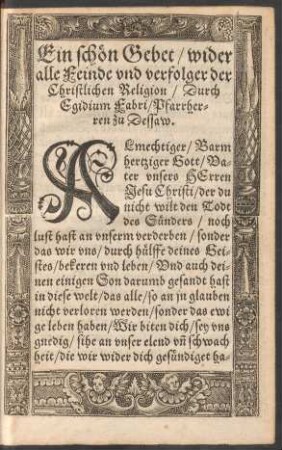 Ein schön Gebet/ wider alle Feinde und verfolger der Christlichen Religion/ Druch Egidium Fabri ...
