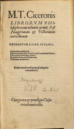 M. T. Ciceronis Philosophicorvm Librorvm Pars ..., 1. Academicae quaestiones