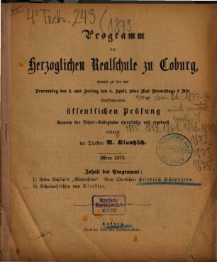 Programm der Herzoglichen Realschule (Ernestinum) zu Coburg : als Einladung zu der öffentlichen Prüfung und Schlußfeier am ..., 1873