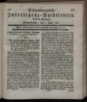 XXVII. Stück. Sonnabends : den 1. Julii 1780.