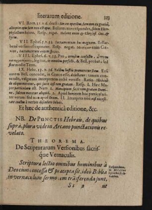 Theorema. De Scripturarum Versionibus sacrisque Vernaculis.