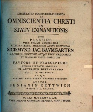 Dissertatio dogmatico-polemica de omniscientia Christi in statu exinanitionis