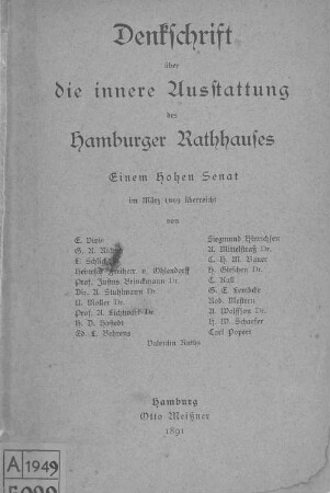 Denkschrift über die innere Ausstattung des Hamburger Rathhauses : einem Hohen Senat im März 1889 überreicht von E. Vivié ... Valentin Ruths