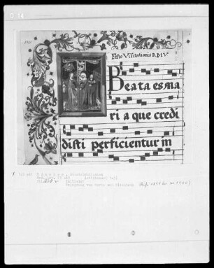 Graduale in zwei Bänden und ein dazugehöriges Antiphonar — Antiphonar aus dem Münchner Clarissinenkloster — Initiale T mit der Heimsuchung, Folio 160verso