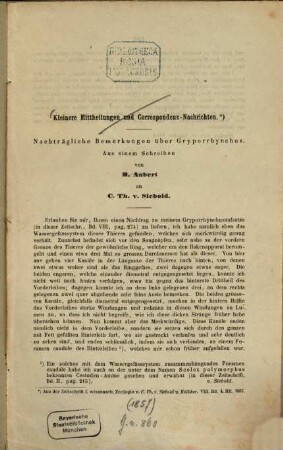 Nachträgliche Bemerkungen über Gryporrhynchus : Aus einem Schreiben von H. Aubert an Carl Theodor Ernst v. Siebold. Aus der Zeitschrift f. wissensch. Zoologie. VIII. Bd., 4. Hft. 185j