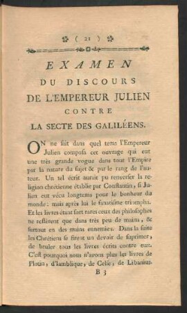 Examen Du Discours De L'Empereur Julien Contre La Secte Des Galiléens.