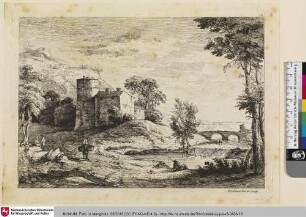 [Landschaft mit einem auf einem Esel reitenden Mann, im Hintergrund eine Brücke;Paysan monté sur un Âne]