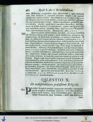 Quaestio X. De indissolubilitate professionis Religiosa.