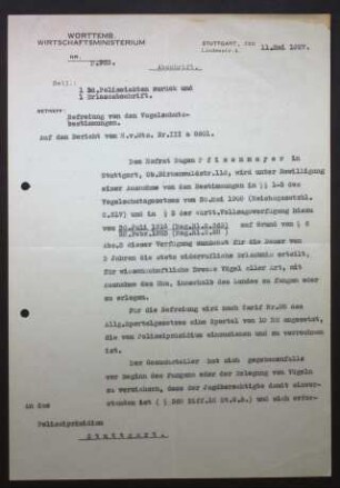 Befreiung Eugen Wilhelm Pfizenmayers von den Vogelschutzbestimmungen