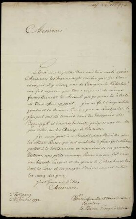 [Brief des Barons von Asch an namentlich nicht genannte(n) Adressaten vom 09./20.01.1774]