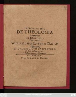 De Theologia : Prooemii loco ex Johan. 17, V. 3.