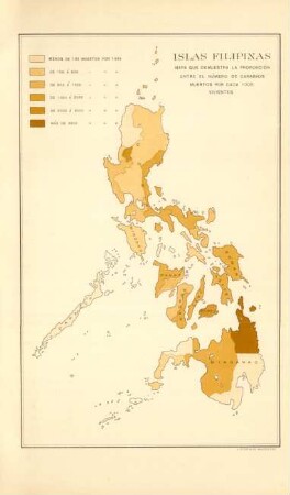 Islas Filipinas. Mapa que demuestra la proporción entre el número de carabaos muertos por cada 1000 vivientes