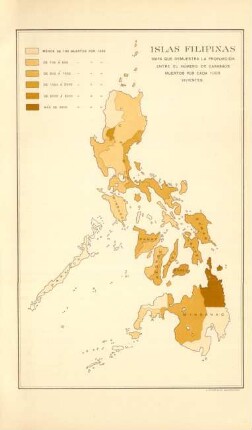 Islas Filipinas. Mapa que demuestra la proporción entre el número de carabaos muertos por cada 1000 vivientes
