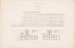 Wohngebäude Viktoriastraße, Berlin: Grundriss EG, 1.OG, Ansicht (aus: Atlas zur Zeitschrift für Bauwesen, hrsg. v. G. Erbkam, Jg. 8, 1858)