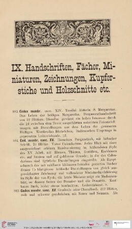 IX. Handschriften, Fächer, Miniaturen, Zeichnungen, Kupferstiche und Holzschnitte etc. (Nr. 883-949)