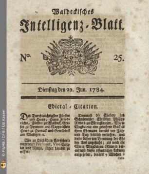 No. 25, Dienstag den 22. Jun. 1784