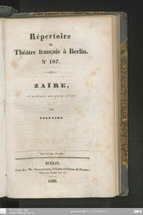 Zaïre : tragédie en cinq actes