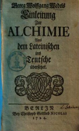 Georg Wolffgang Wedels Einleitung zur Alchimie