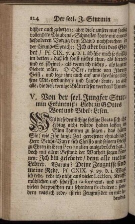 V. Von der seel. Jungfer Sturmin Erkäntniß/ Liebe zu Gottes Wort und Bibel-Lesen.