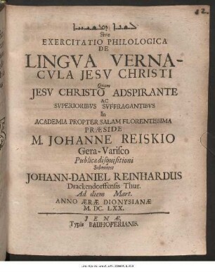 [...] Sive Exercitatio Philologica De Lingua Vernacula Jesu Christi