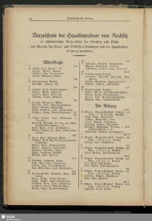 Häuserbuch : Verzeichnis der Hausbewohner von Rochlitz in alphabetischer Reihenfolge der Straßen und Plätze