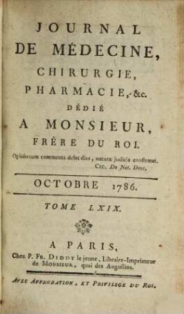 Journal de médecine, chirurgie, pharmacie. 69. 1786