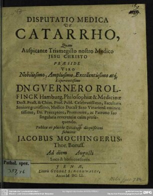 Disputatio medica De catarrho
