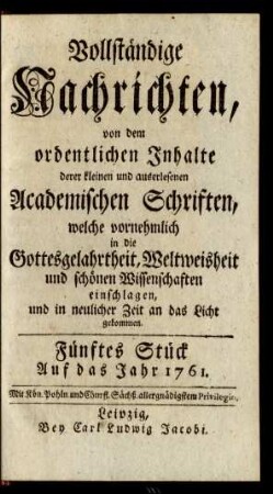 Fünftes Stück. Auf das Jahr 1761
