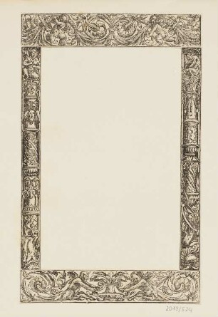 Randverzierung mit Laub, Leuchtern, Genien und verzierten Säulen mit Satyrn, erstmals erschienen in: Sebastian Münster, "Cosmographiae universalis", Basel 1544