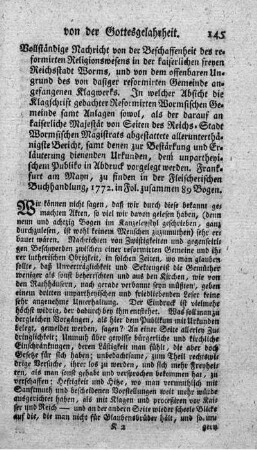 Vollständige Nachricht von der Beschaffenheit des reformirten Religionswesens in der kaiserlichen freyen Reichsstadt Worms.