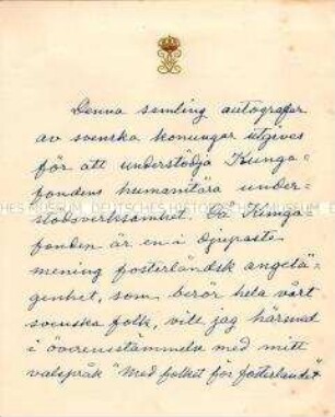 Handschriftlicher Brief des schwedischen Königs Gustav V. zur Anlage einer Autographen-Sammlung des schwedischen Königshauses