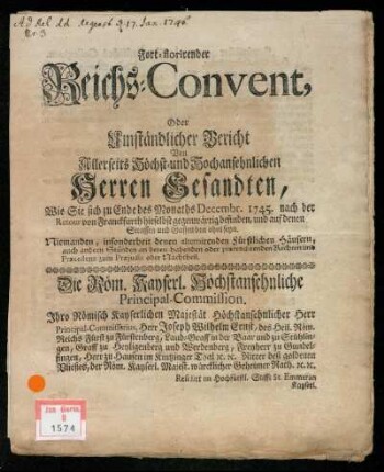 1745: Fortflorirender Reichsconvent, oder umständlicher Bericht von allerseits Höchst- und Hochansehnlichen Herren Gesandten,