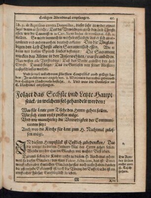 Folget das Sechste und Letzte Hauptstück/ in welchem sol gehandelt werden: Was für Leute zum Tische des Herrn gehen sollen ...