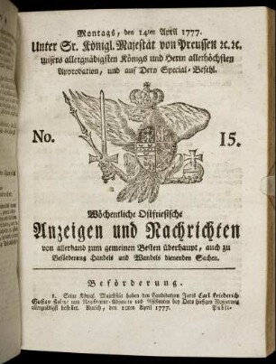 No. 15. Montags, den 14ten April 1777.