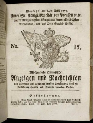 No. 15. Montags, den 14ten April 1777.