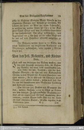 Von den heil. Reliquien, und Kleinodien