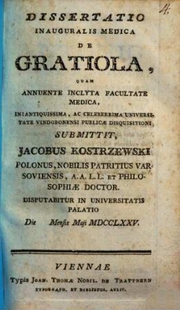 Dissertatio Inauguralis Medica De Gratiola