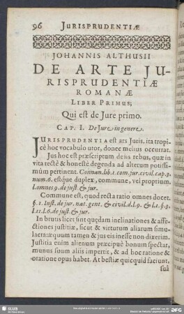 Johannis Althusii De Arte Jurisprudentiae Romanae Liber Primus