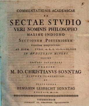 Commentationis acad. de sectae studio veri nominis philosopho maxime indigno, Sectio post.