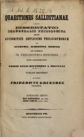 Quaestiones Sallustianae : Diss. inaug. philologica