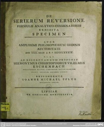 De Serierum Reversione Formulis Analytico-Combinatoriis Exhibita Specimen