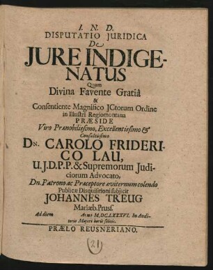 Disputatio Iuridica De Iure Indigenatus