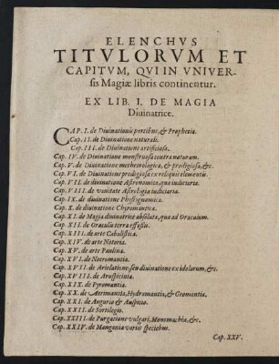 Elenchus Titulorum Et Capitum, Qui In Universis Magiae libris continentur